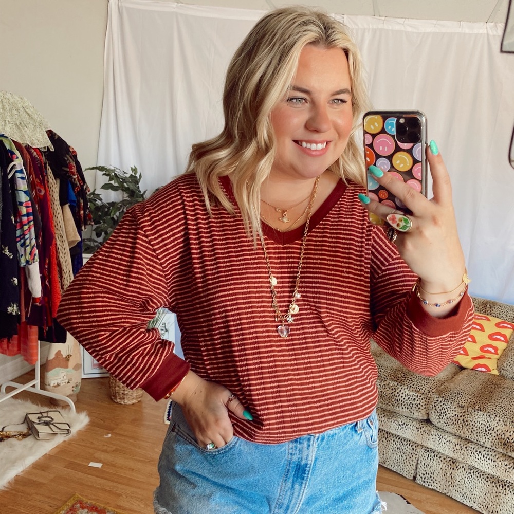 Anthropologie red striped v neck slouchy tee